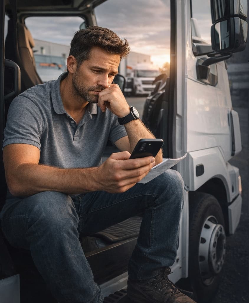 Truck driver looking at phone with a concerned expression