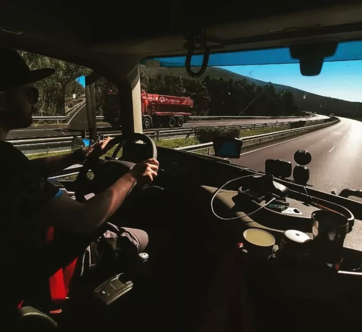 Driver at the wheel on a European highway