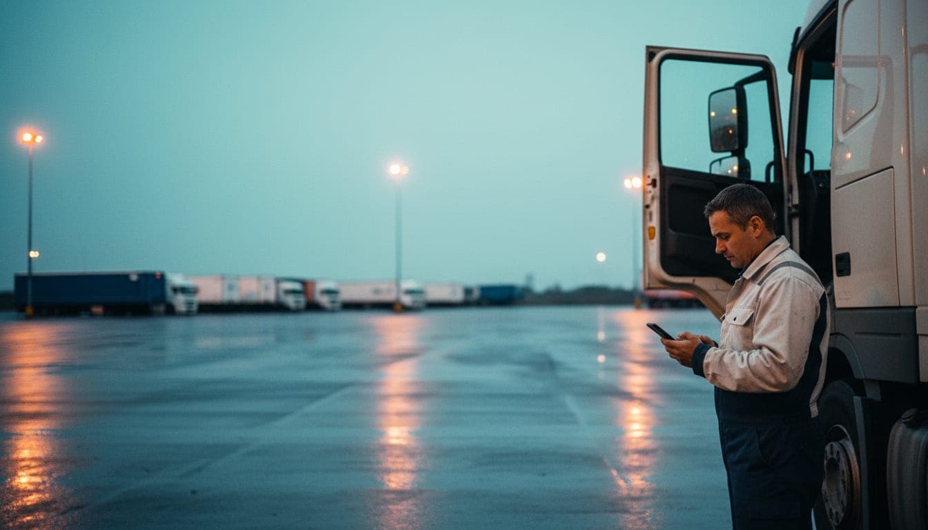 A lorry driver standing at the open cab door of an articulated truck in a lorry park at dusk, answering questions on his phone