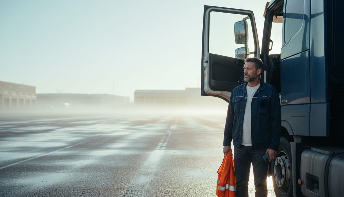 A lorry driver beside the cab of an articulated truck in a freight depot at first light